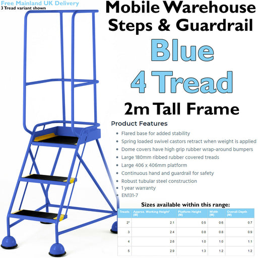 4 Tread Mobile Warehouse Steps & Guardrail BLUE 2m Portable Safety Stairs Loops