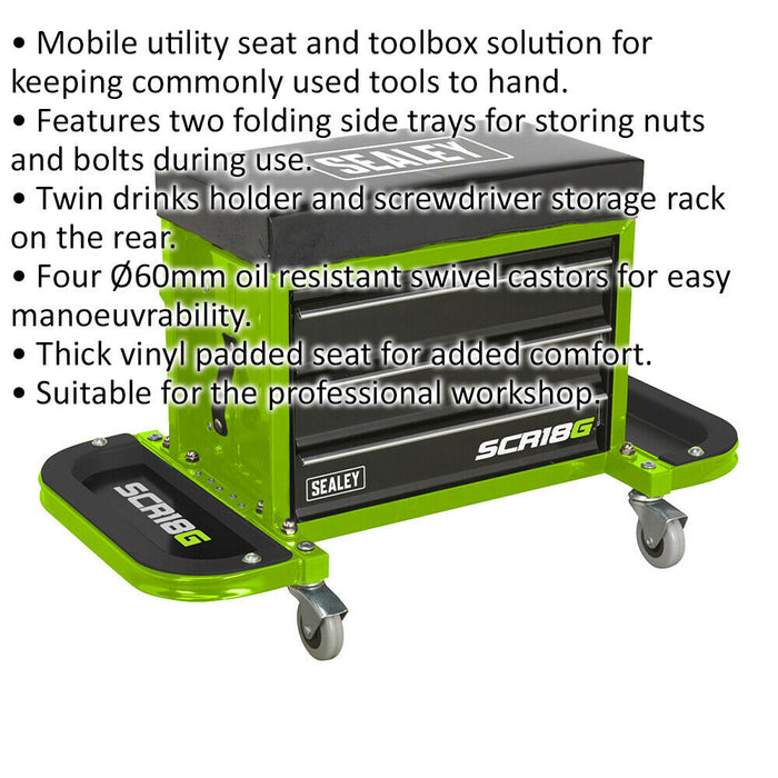 Mechanics Utility Seat & Toolbox - Folding Side Trays - 4 Swivel Castors - Green Loops