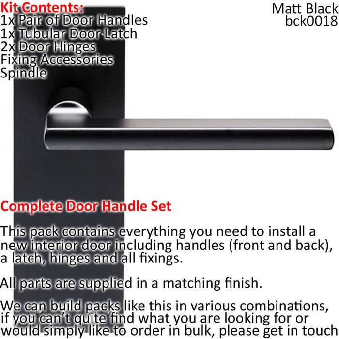 Door Handle & Latch Pack Matt Black Straight Flat Bar Lever Slim Backplate Loops