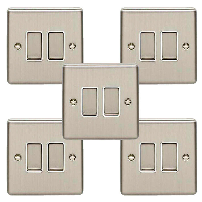 5 PACK 2 Gang Double Metal Light Switch SATIN STEEL 2 Way 10A White Trim Loops