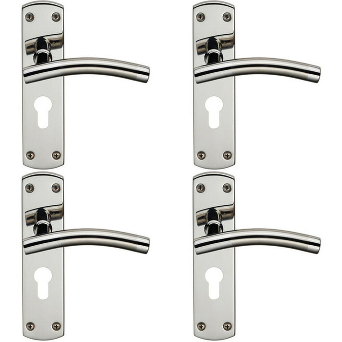 4x Curved Lever on Euro Lock Backplate Handle 172 x 44mm Polished & Satin Steel Loops