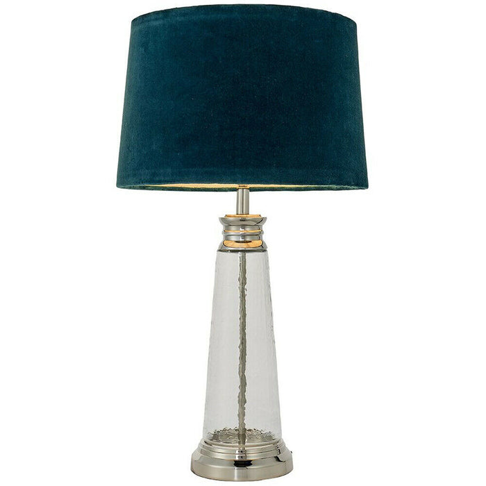 Luxury Table Lamp Textured Hammered Clear Glass & Teal Velvet Fabric Shade Light Loops