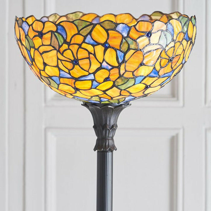 1.7m Tiffany Uplight Floor Lamp Dark Bronze & Flower Stained Glass Shade i00018 Loops