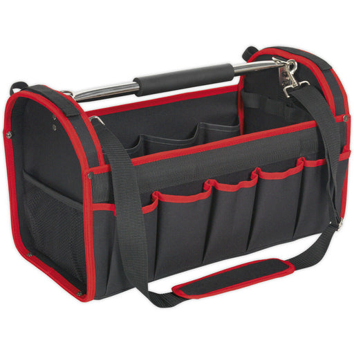 500 x 250 x 295mm Open Tool Bag - RED Multiple Pocket Rigid Base & Carry Handle Loops