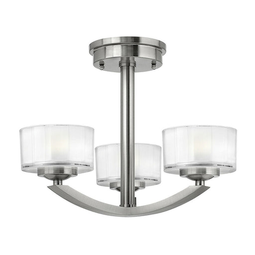 3 Bulb Semi Flush Light Faceted 13mm Thick Glass. Brushed Nickel LED G9 3.5W Loops