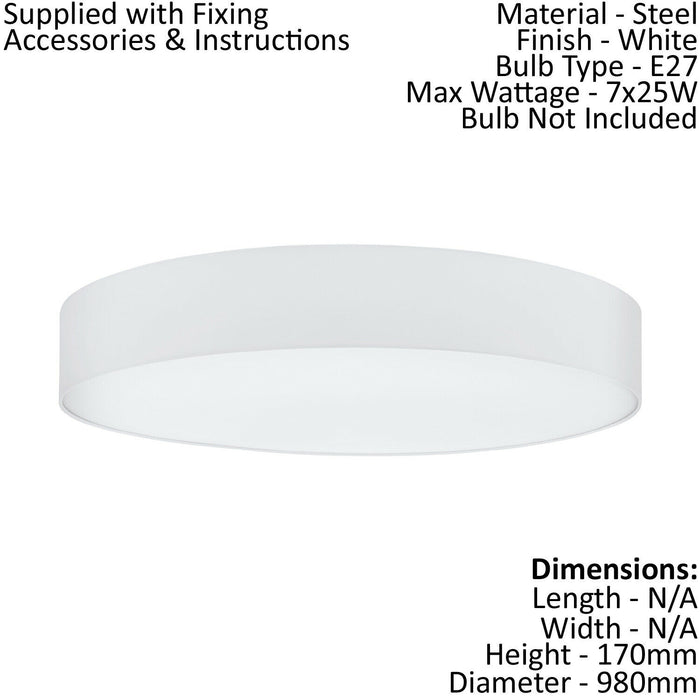 Flush Ceiling Light Colour White Circular Shade White Fabric Bulb E27 7x25W Loops