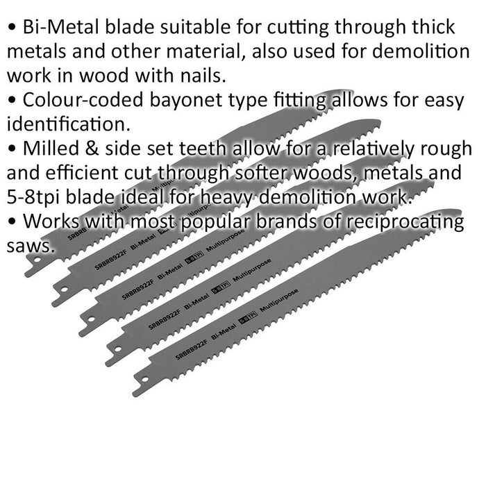 5 PACK 230mm Bi-Metal Reciprocating Saw Blade - 5-8 TPI - Milled Side Set Teeth Loops