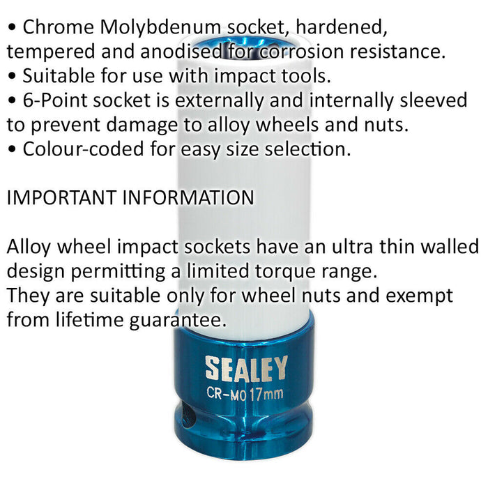 17mm Alloy Wheel Impact Socket - 1/2" Square Drive - Rim Protect Sleeved Socket Loops
