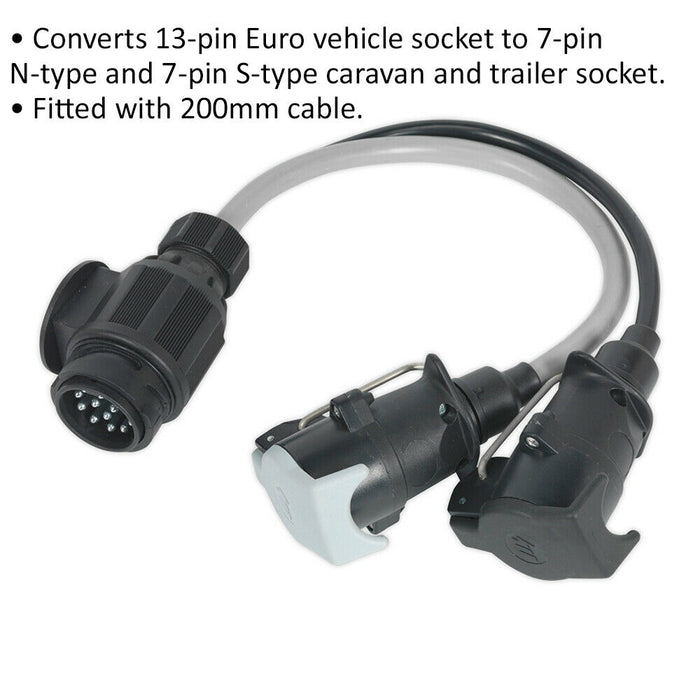Towing Conversion Lead - 13-Pin Euro to 7-Pin N & S Type Plugs - 200mm Cable Loops