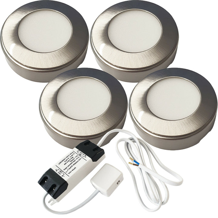 4x 2.6W LED Kitchen Cabinet Surface Spot Lights & Driver Kit Steel Warm White Loops