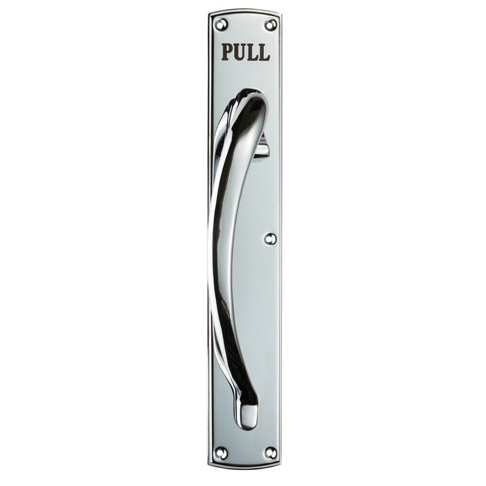 Curved Left Handed Door Pull Handle Engraved with 'Pull' Polished Chrome Loops