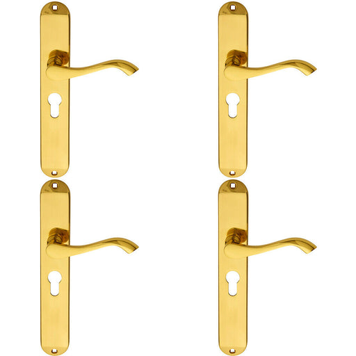 4x PAIR Curved Lever on Long Slim Euro Lock Backplate 241 x 40mm Polished Brass Loops