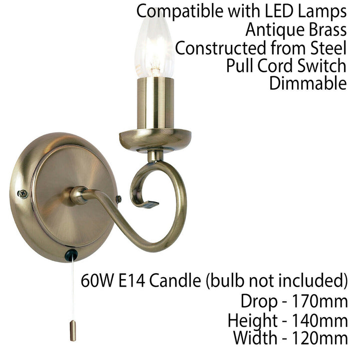 2 PACK Dimmable LED Wall Light Antique Brass Classic Lounge Lamp Bulb Fitting Loops