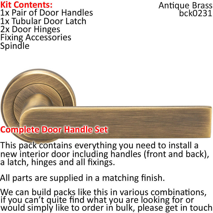 Door Handle & Latch Pack Antique Brass Rectangular Lever Screwless Round Rose Loops