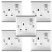 5 PACK 1 Gang Single UK Plug Socket SATIN STEEL 13A Switched White Trim Plate Loops