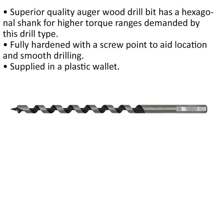 10 x 235mm Hardened Auger Wood Drill Bit - Hexagonal Shank - Woodwork Timber Loops