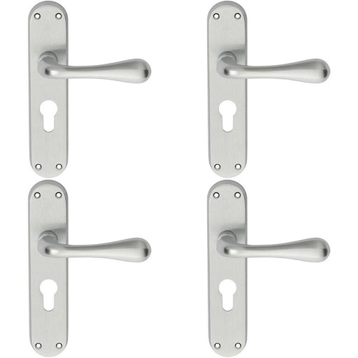 4x PAIR Smooth Round Bar Handle on Euro Lock Backplate 185 x 40mm Satin Chrome Loops