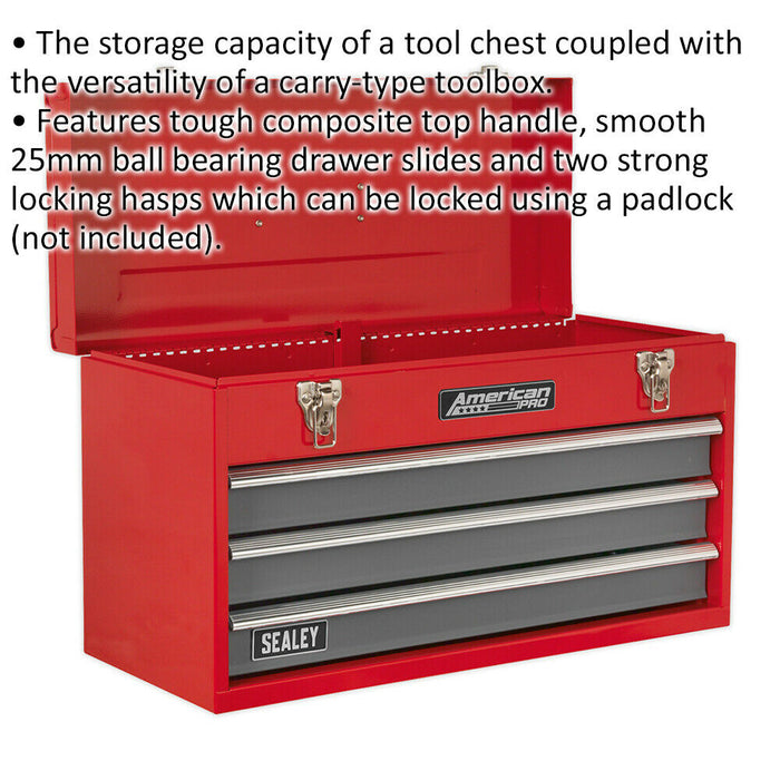 510 x 225 x 300mm Portable 2 Drawer Tool Chest - RED - Compact Storage Case Box Loops