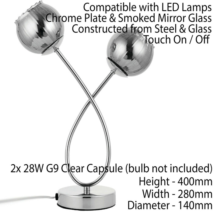 Touch On/Off Table Lamp Chrome & Smoke Mirror Glass Shade Pretty Bedside Light Loops