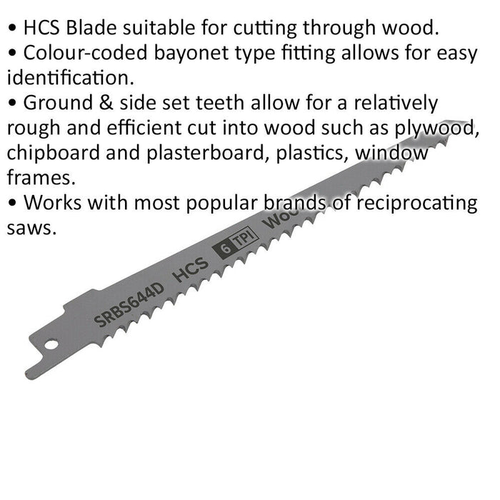 5 PACK 150mm HCS Reciprocating Saw Blade - 6 TPI - Milled Side Set Teeth Loops