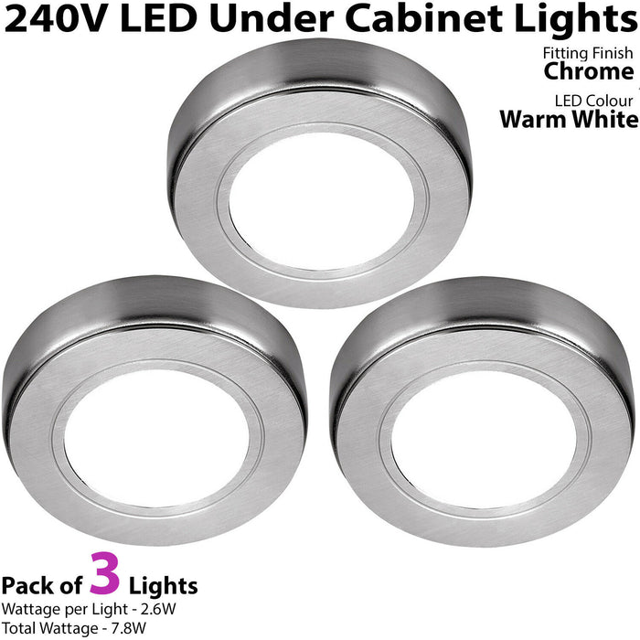 3x LED Kitchen Cabinet Spotlight 240V WARM WHITE Surface Flush Chrome Light Kit Loops