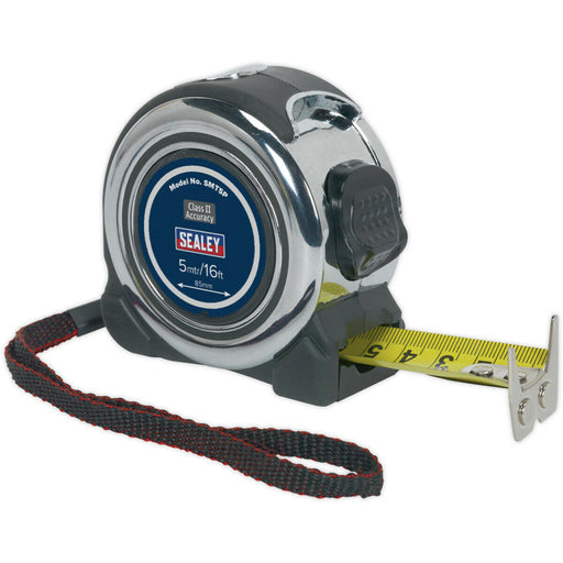5m Professional Tape Measure - Rubberised Chrome Body - Metric & Imperial Loops