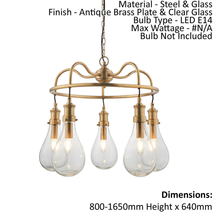 Ceiling Pendant Light - Antique Brass Plate & Clear Glass - 5 x 6W LED E14 Loops