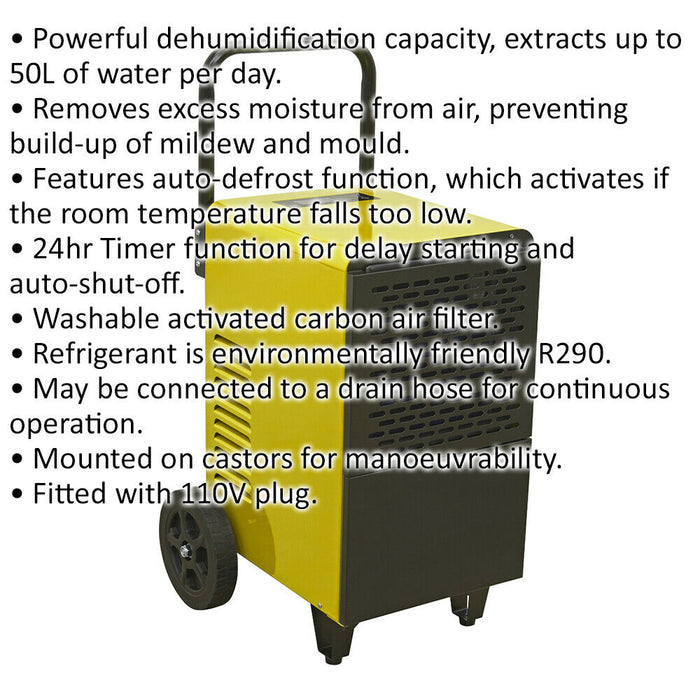 50 Litre Industrial Dehumidifier - Auto Defrost - Carbon Air Filter - 100V Loops