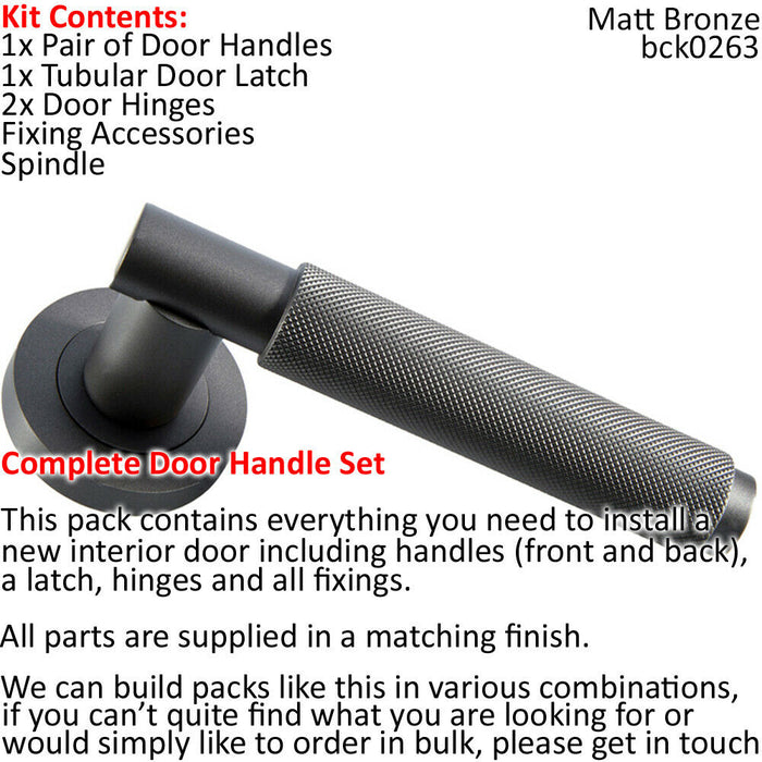 Door Handle & Latch Pack Matt Bronze Knurled Round Bar Screwless Round Rose Loops
