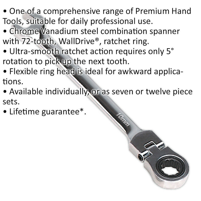 10mm Flexible Ratchet Combination Spanner - Flexible Ring Head - Chrome Vanadium Loops