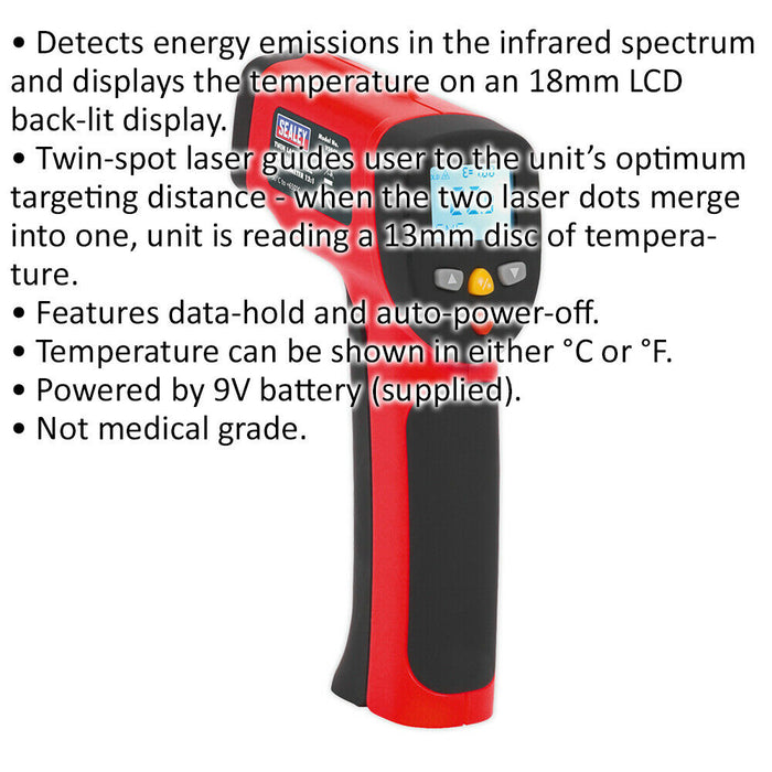 Twin-Spot Laser Digital Thermometer - 12:1 Focal Ratio - Detects Energy Emission Loops