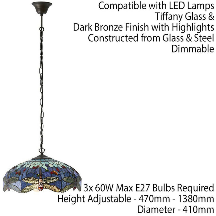 Tiffany Glass Hanging Ceiling Pendant Light Blue Dragonfly 3 Lamp Shade i00109 Loops