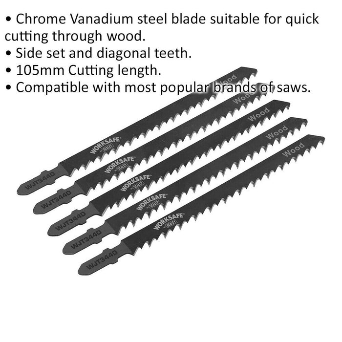 5 PACK 105mm Chrome Vanadium Steel Jigsaw Blade - 6 TPI - Side Set Teeth - Wood Loops