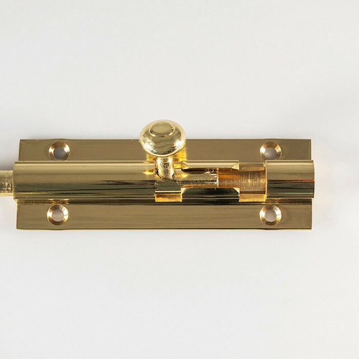Straight Barrel Surface Mounted Door Bolt Lock 102 x 32mm Polished Brass Loops