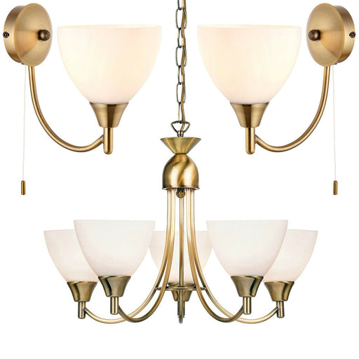 5 Lamp Ceiling & 2x Wall Light Pack Antique Brass Glass Matching Indoor Fittings Loops