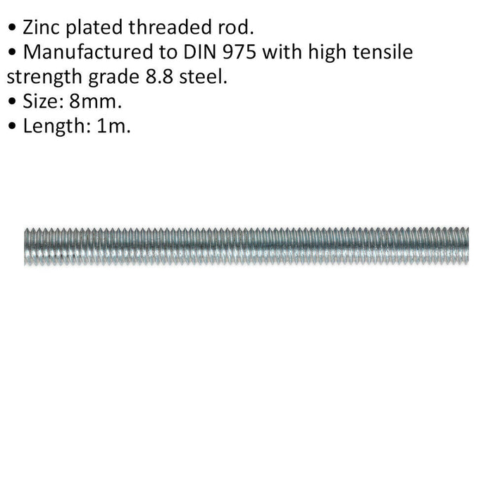 5 PACK Threaded Studding Rod - M8 x 1mm - Grade 8.8 Zinc Plated - DIN 975 Loops