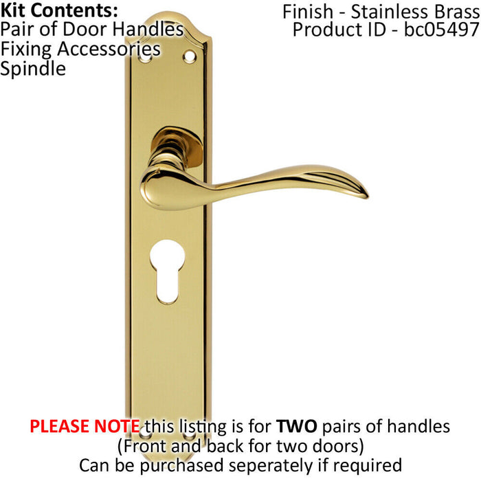 2x PAIR Curved Handle on Long Euro Lock Backplate 245 x 45mm Stainless Brass Loops