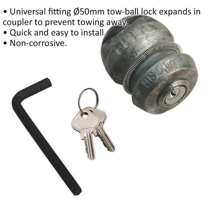 50mm Tow Ball Lock - Universal Fitting - Prevents Towing - With Keys & Hex Key Loops