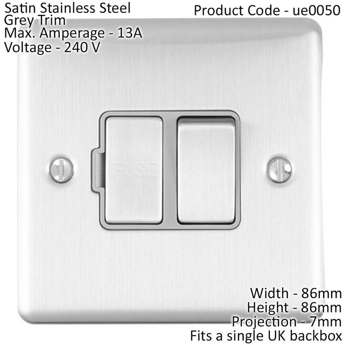 13A DP Switched Fuse Spur SATIN STEEL & Grey Mains Isolation Wall Plate Loops