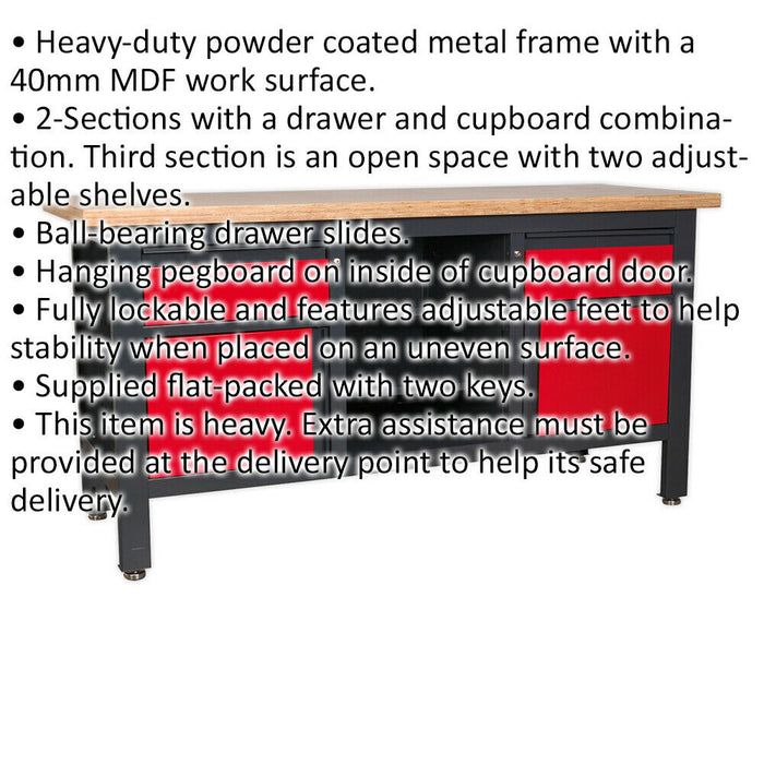 Lockable Workstation- 2 Draw & 2 Cupboard with Pegboard & Open Shelves Storage Loops