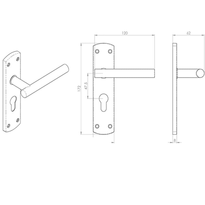 2x Mitred T Bar Lever Door Handle on Euro Lock Backplate 172 x 44mm Steel Loops