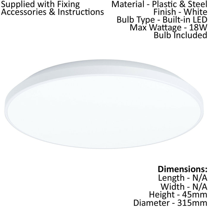 Wall / Ceiling Light White Round Surface Moutned 315mm 18W Built in LED Loops