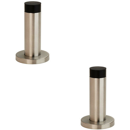 2x Wall Mounted Doorstop Cylinder on Rose Rubber Tip 76 x 22mm Satin Steel Loops