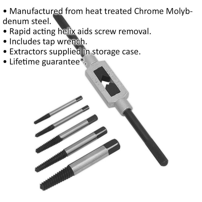 6 Piece Helix Type Screw Extractor Set - Tap Wrench - Alloy Steel - Storage Case Loops