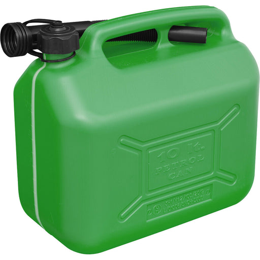 10 Litre Plastic Fuel Can -  Safety Screw Lock Cap - Flexible Spout - Green Loops