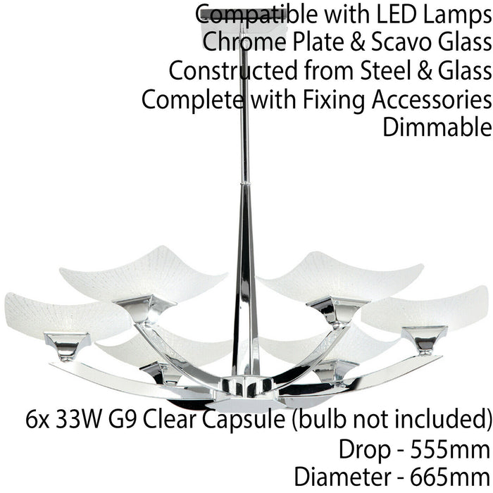 Semi Flush Ceiling Light Chrome & Scavo Glass 6 Bulb Hanging Pendant Lamp Shade Loops