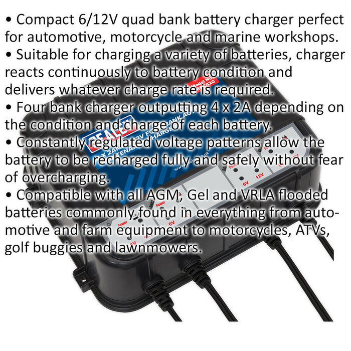 Four Bank Auto Maintenance Charger - 6V & 12V - Compact Battery Charger - 4 x 2A Loops