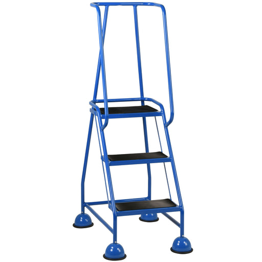 3 Tread Mobile Warehouse Steps BLUE 1.43m Portable Safety Ladder & Wheels Loops