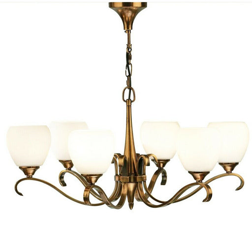 Luxury Hanging Ceiling Pendant Light Antique Brass Opal Glass 6 Lamp Chandelier Loops