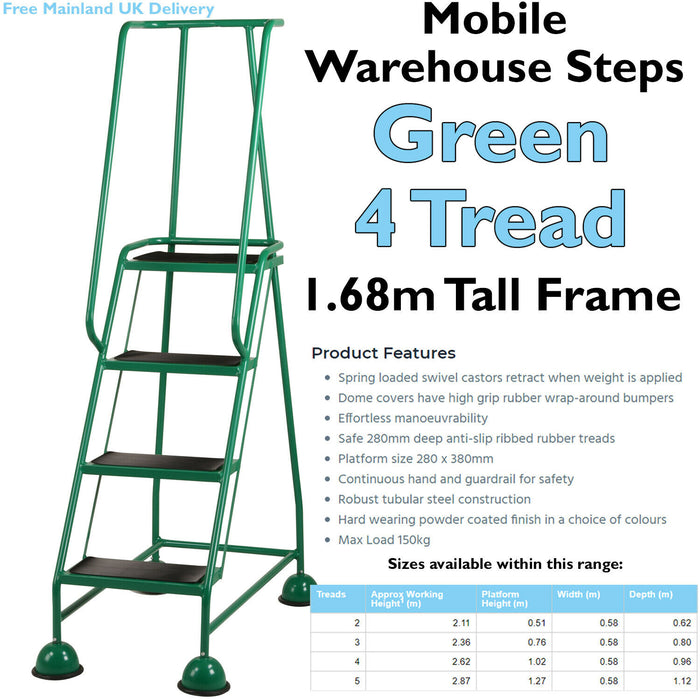 4 Tread Mobile Warehouse Steps GREEN 1.68m Portable Safety Ladder & Wheels Loops